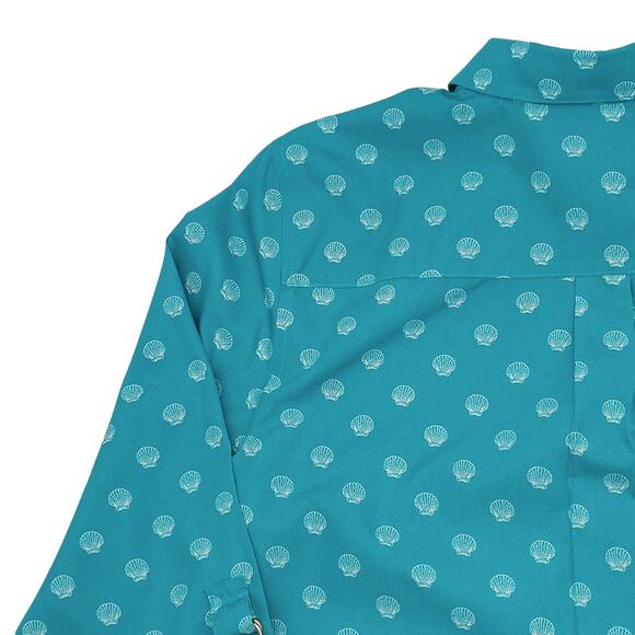 Chicos Blouse Womens 2 Large Tab Sleeve No Iron Hardware Seashell Button Blue - Picture 10 of 13